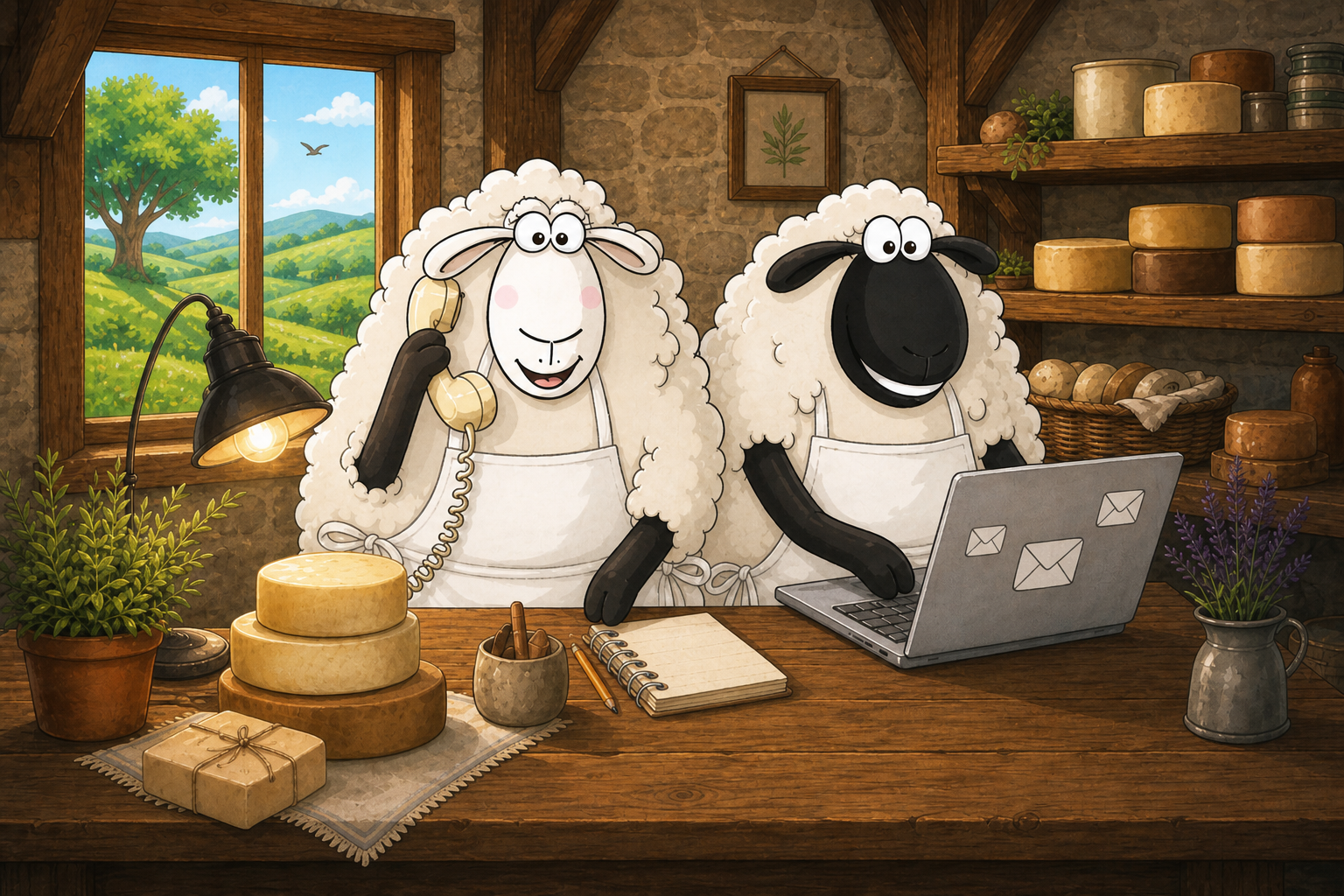 Moutons à la ferme répondant au téléphone et aux emails